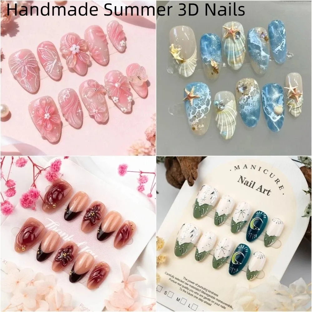 30 Tablets Starfish and Shells Handmade Summer 3D Nails with Diamonds Wearable Manicure Jelly Gel Fake Nails Detachable