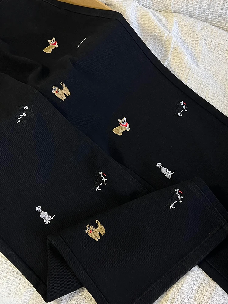 Hochgeschnittene Weite Jeans für Damen Frühling Herbst Neues Design Bestickte Bla Dog Lose Bodenlange Hose