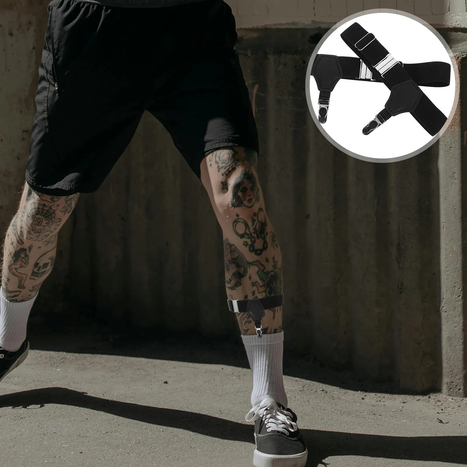 men's-black-sock-suspenders-garters-adjustable-elastic-nylon-66-cm-x-25-cm-silver-clips-dress-socks-stay-up-comfortable-fit