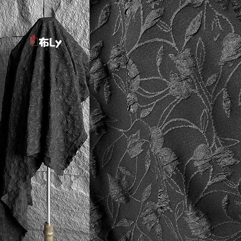 Black Pattern Irregular Jacquard 3D Texture Fabric, For Luxury Bags, Skirts, Dresses, High-Quality Designer Apparel Material