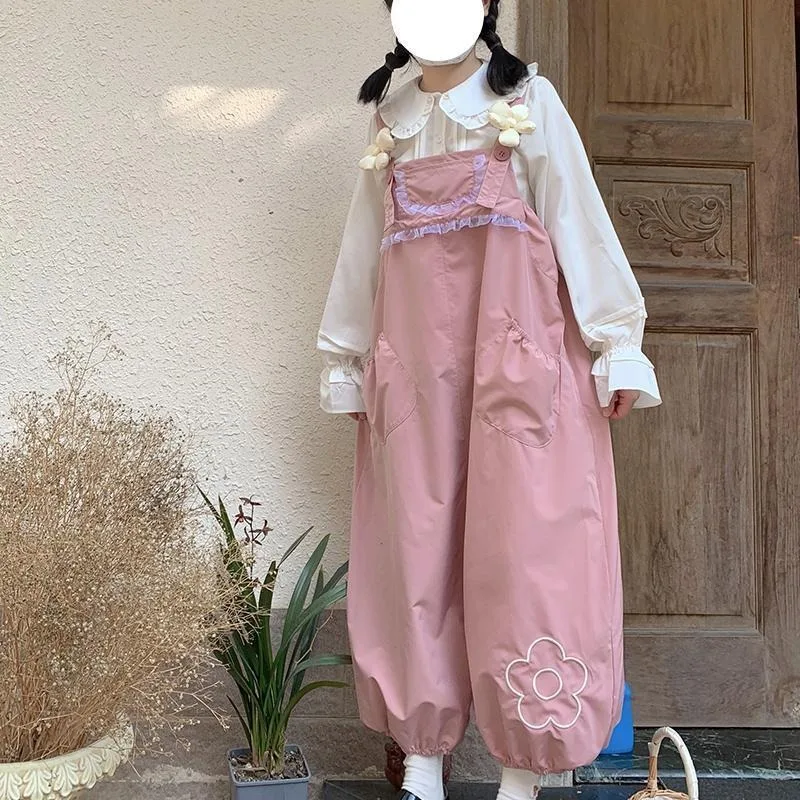 Celana panjang kargo Harajuku wanita, celana panjang kasual merah muda lebar mode Harajuku celana Harem Kawaii pita perempuan overall Streetwear Vintage lucu