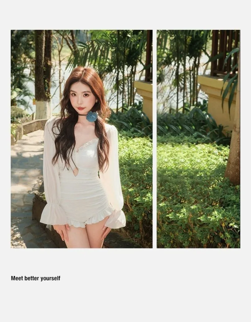 Elegant transparant badpak voor dames, lange mouwen, high-end curve-flatterend eendelig, grote maten, vriendelijk voor hete lente-strandvakantie