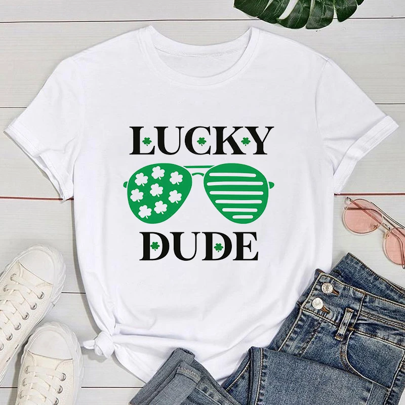 (Premium T-shirt)Happy St. Patrick'S Day Lucky Dude Print T-Shrits For Women Summer Short Sleeve Round Neck Cute Loose T-Shirt