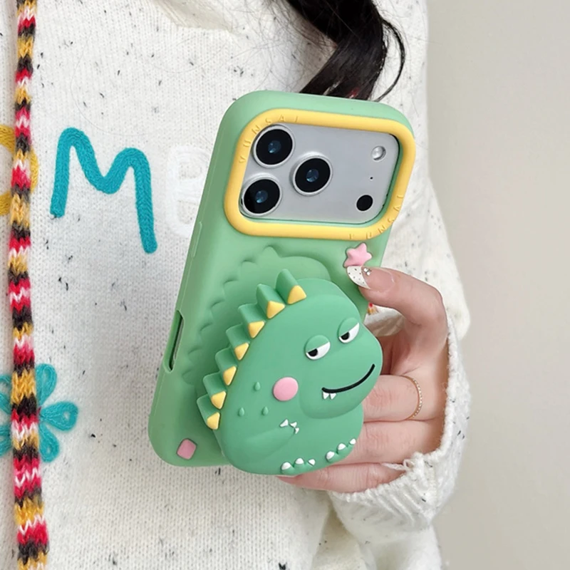 

3D Cartoon fun dinosaur Silicone Protection Cover For iphone 17 16 15 14 Plus 12 13 Pro Max Cute Patterns fold bracket Kids gift
