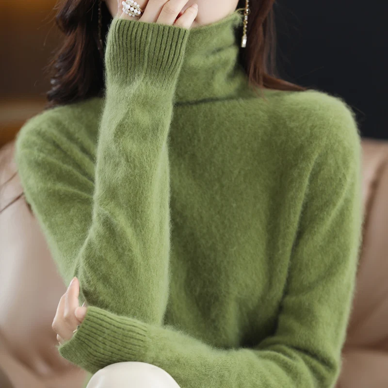 

100% Mink Cashmere Turtleneck Sweater Women Solid Color Long Sleeve Top Autumn Winter Fashion Knit Female Warm Pullover Jumper