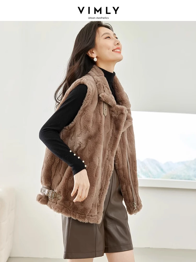 Vimly Faux Fur Waistcoat Warm Winter Vest for Women 2023 Lapel Zip Up Windproof Sleeveless Fluffy Jacket Female Outerwear 50381