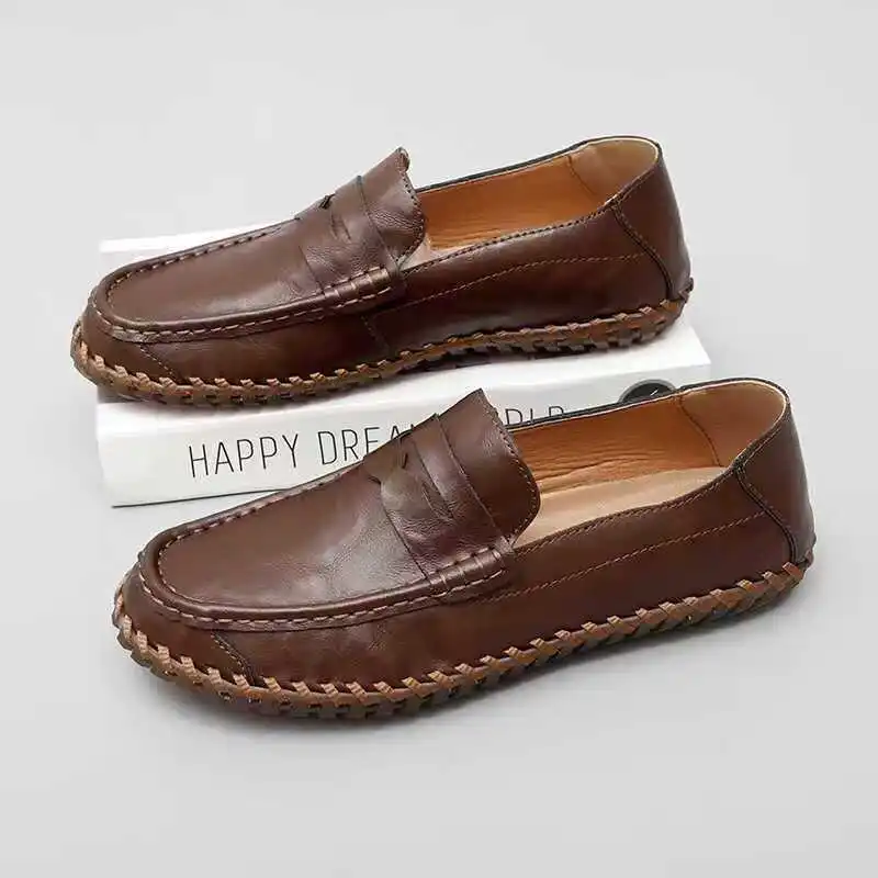 

Man Hand Stitched Real Leather Big Size Casual Shoe Spring Autumn New Soft Sole Non slip Shallow Round Toe Slip On Commuter Shoe