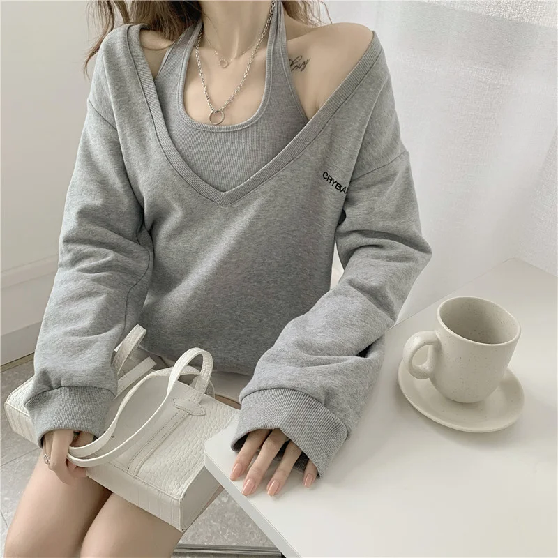 

2024 Summer New Women's Design Hoodie vest loose Korean version of the two-piece V-neck shoulder-less long-sleeved Top Set