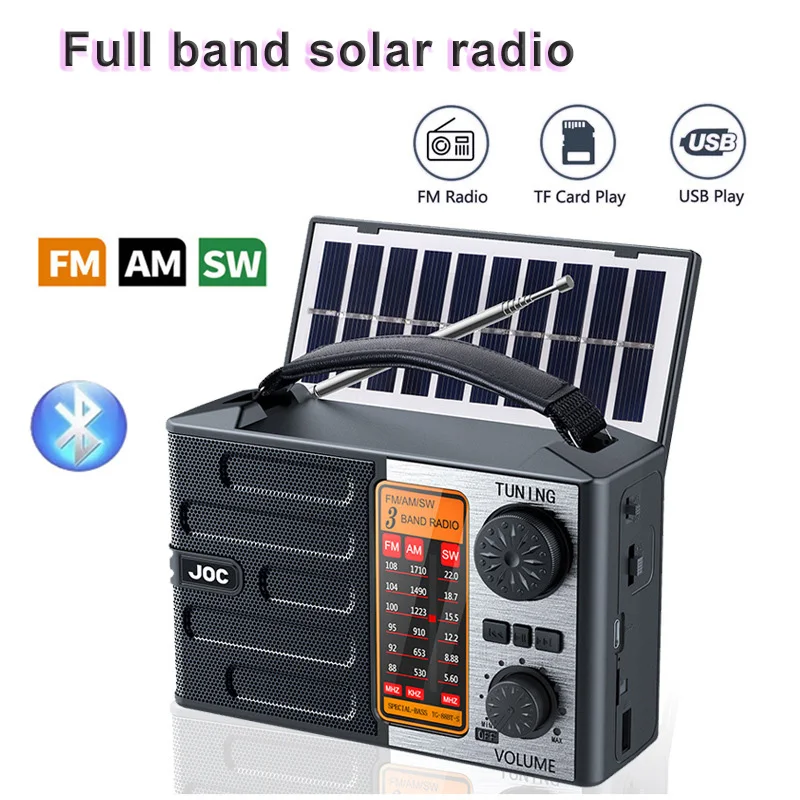 Portable FM AM SW Full Band Radio Rechargeable Solar Power Radios WIth Wireless Bluetooth Speaker Strong Emergency Lighting