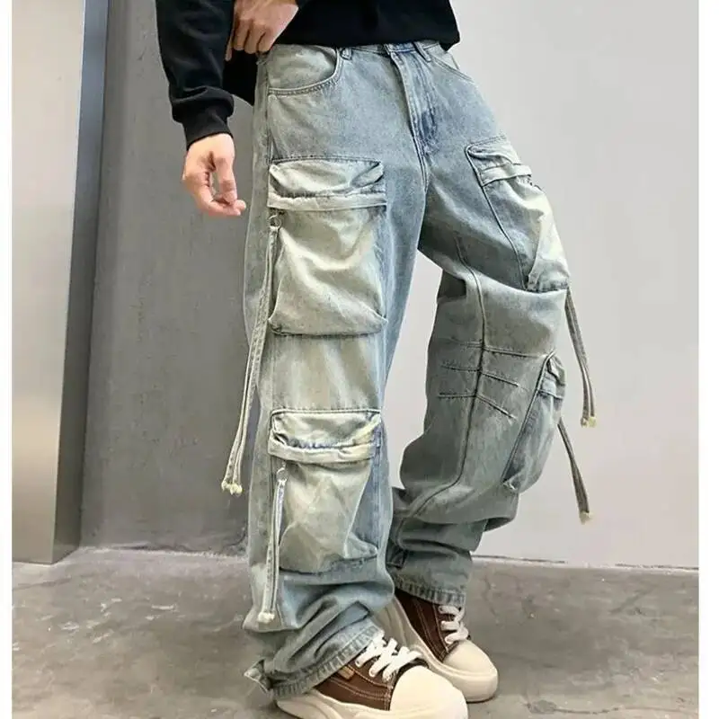 Pantaloni in denim cargo multitasche da uomo autunnali Pantaloni jeans larghi a gamba dritta Pantaloni in denim da lavoro da strada alta Y2K Streetwear