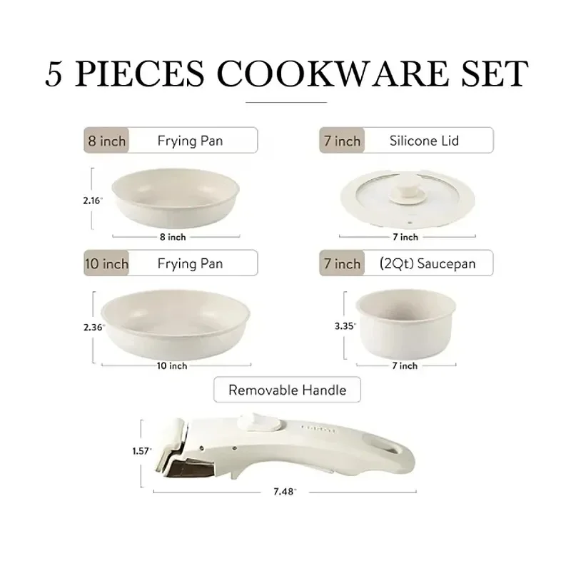 DONNOR 5pcs/set NON-STICK PAN with Removable Handle 6-layer Composite Materials Healthy Frying Pan Cookware for Frying Steak