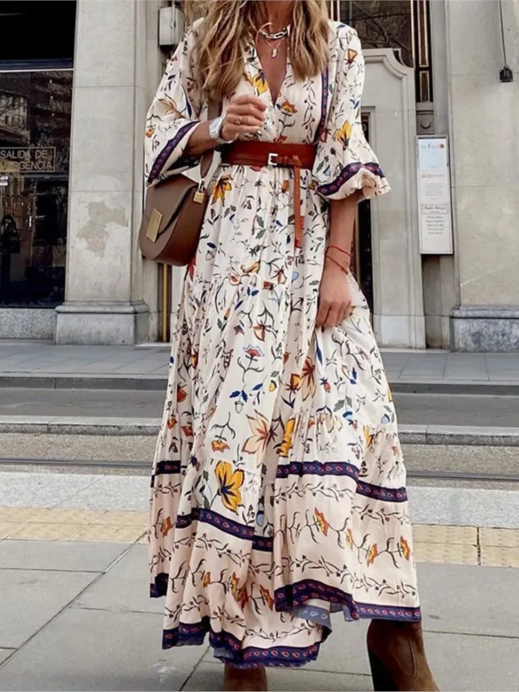 

Women Bohemian Long Printed Dresses 2025 Fashion Clothing Autumn Winter Empire Waist Lantern Sleeve V-neck Ankle-length Vestidos