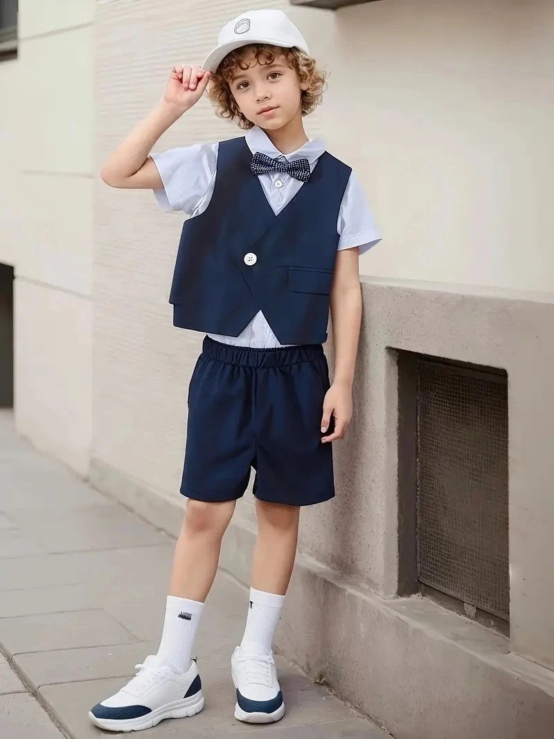 

Формальный костюм из 3 предметов в британском стиле для мальчиков с жилетом и брюками-бабочкой для свадьбы, детский летний костюм для фортепиано, костюм Chrous для выступлений