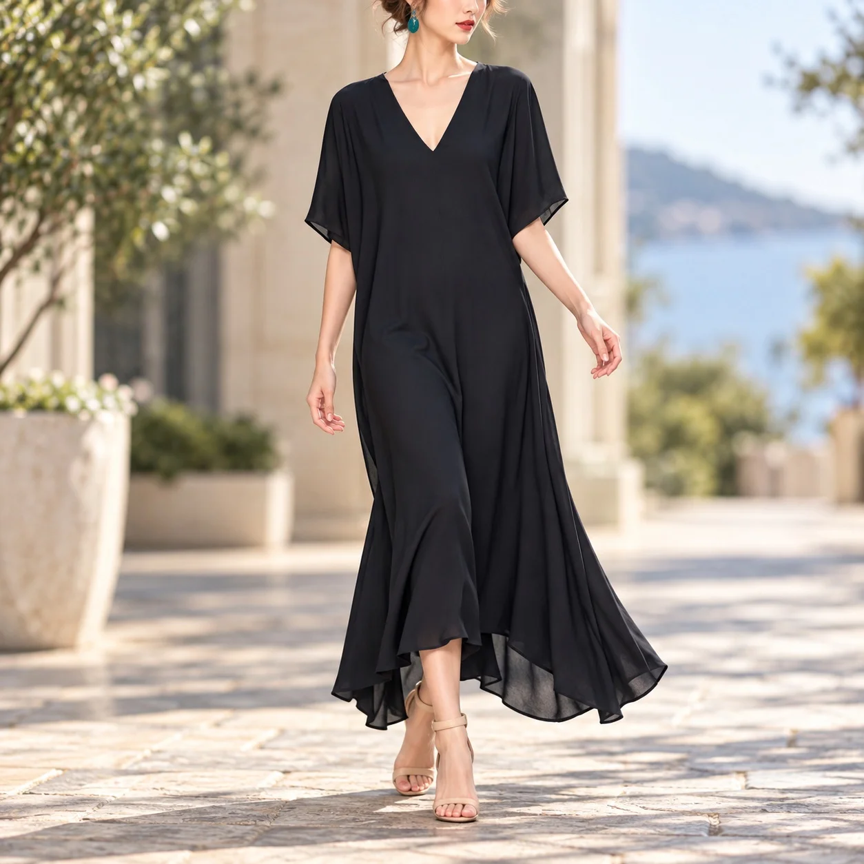 V Neck Batwing Sleeve Gown Asymmetrical Casual with Pencil Skirt Maxi Length Loose Fit Ribbon No Pattern Dress Summer for Women