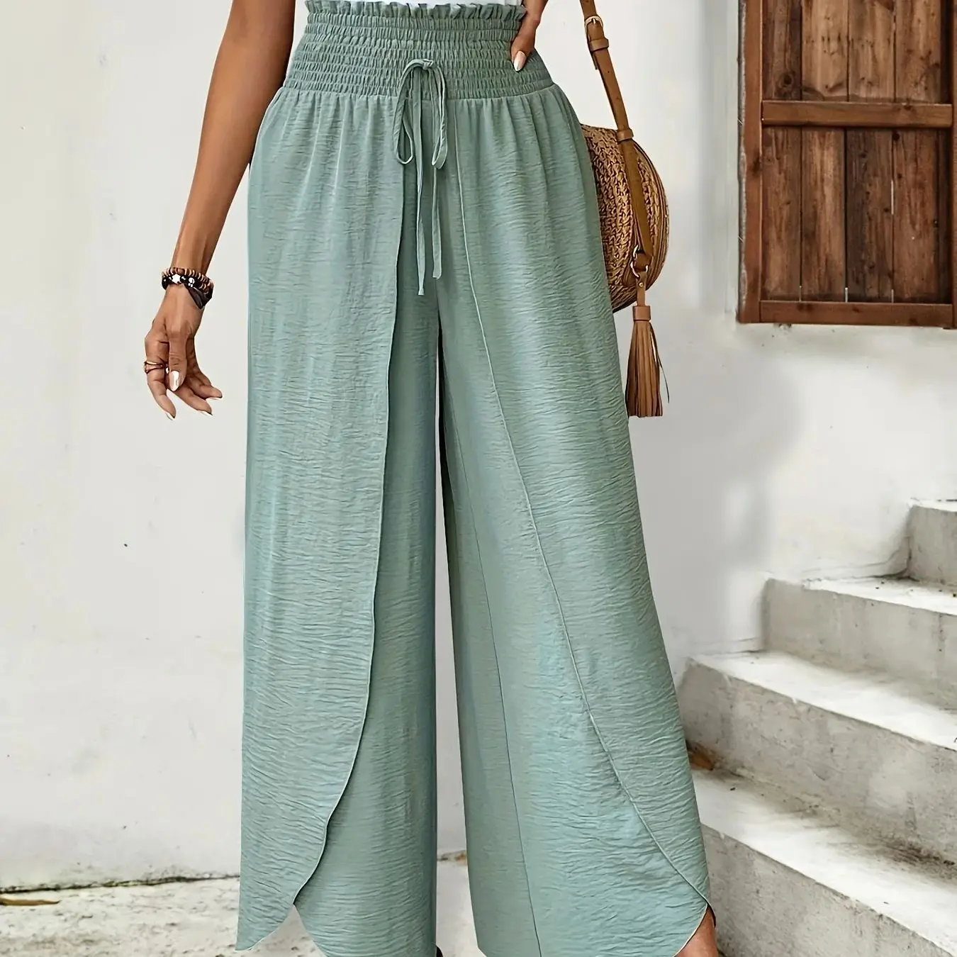 Damen-Hose mit hoher Taille und weitem Bein, gesmokt, Kordelzug, geteilte Hose, Salbeigrün, fließend, lässig, Strand, Bohemian-Sommersurlaub