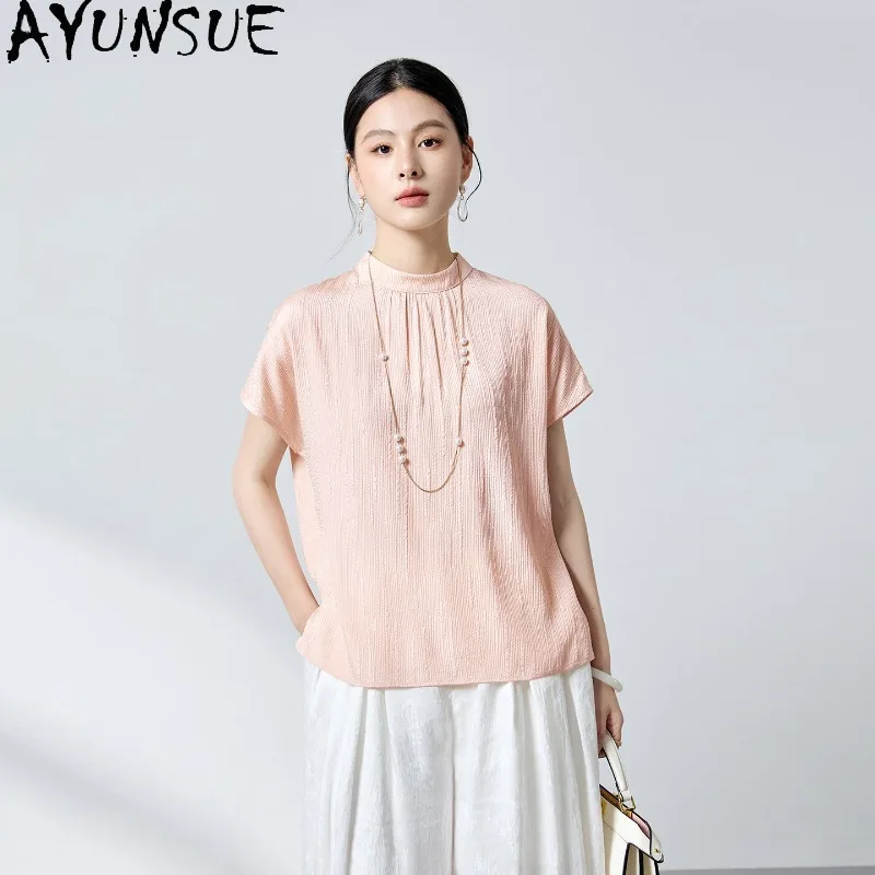

AYUNSUE 19mm Crown Crepe Silk Women's T-shirts Short Sleeve Tops for Woman Stand Collar Commuting Summer Tops Woman Clothes топ