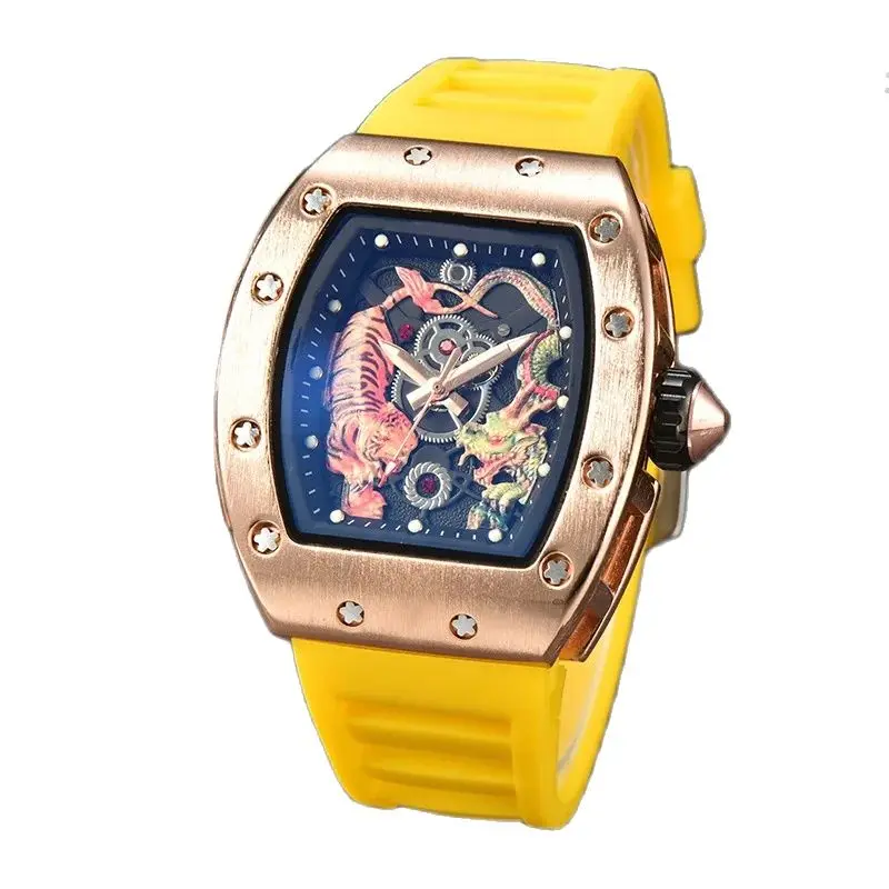 New Wine Barrel Super luminous hollow Richard Watch High Quality Silicone Chronograph Dragon and Tiger Watch