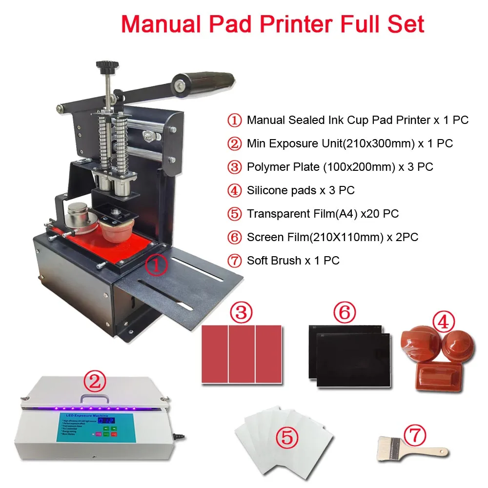 Full Set Manual Pad Printer Pad Printer With Exposure Unit Polymer Plate Transparent Films Silicone Pads