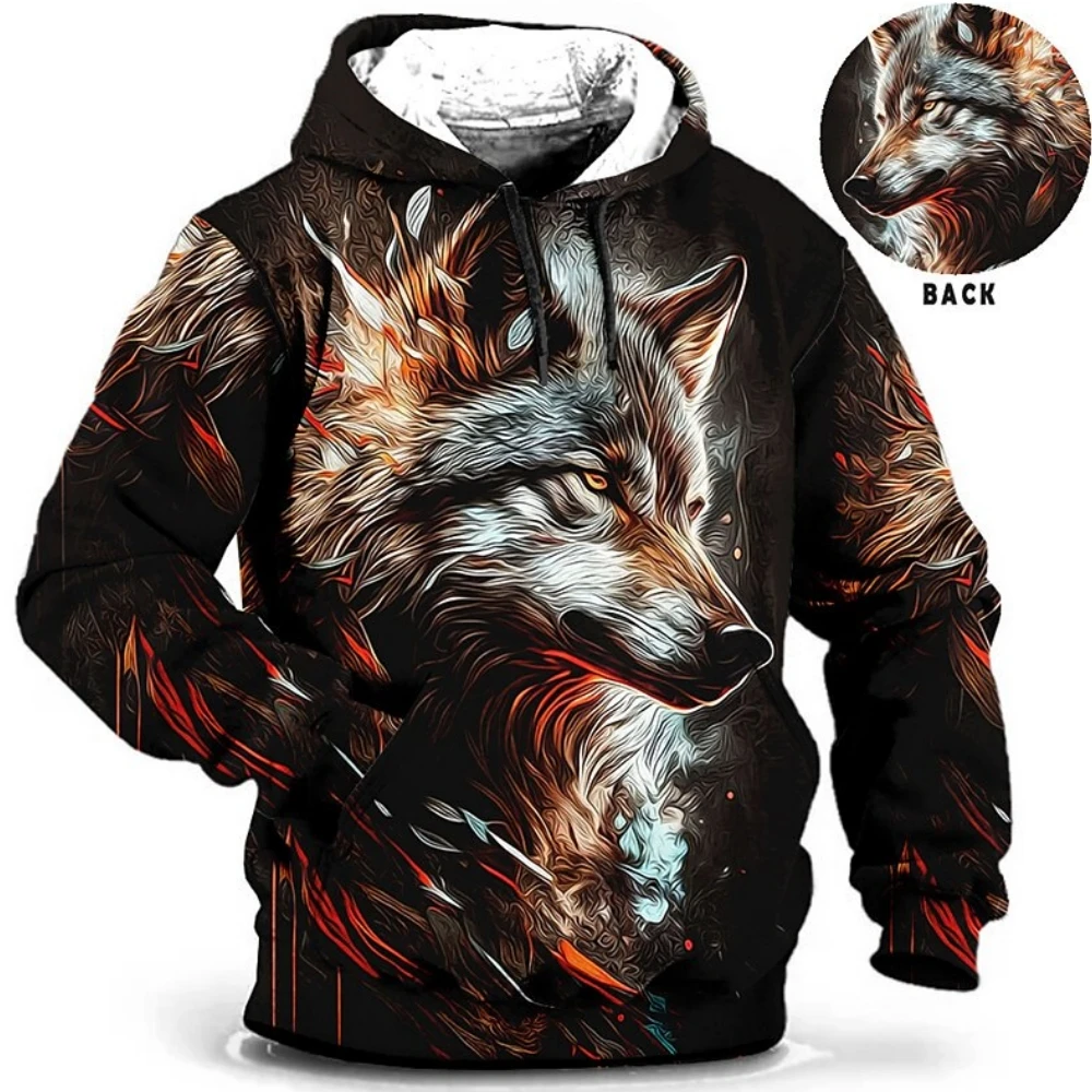 Retro design men's hoodies wolf animal pattern 3D printed leopar top casual long sleeved oversized loose tiger pattern hoodie