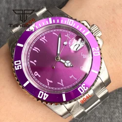 Tandorio 40mm Fashion Stainless Steel Automatic Watch for Men NH35 Sapphire Purple Sunburst Dial Rotating Bezel Screw Crown Date