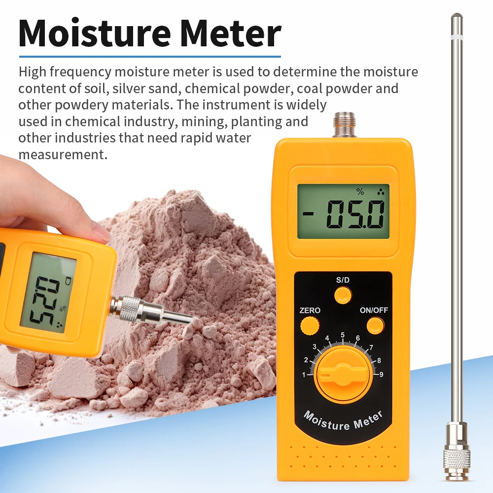 Imagem -03 - Medidor de Umidade de Alta Frequência Digital com Display Lcd Detector Úmido para Solo Areia de Prata Carvão Químico pó Combinado Dm300