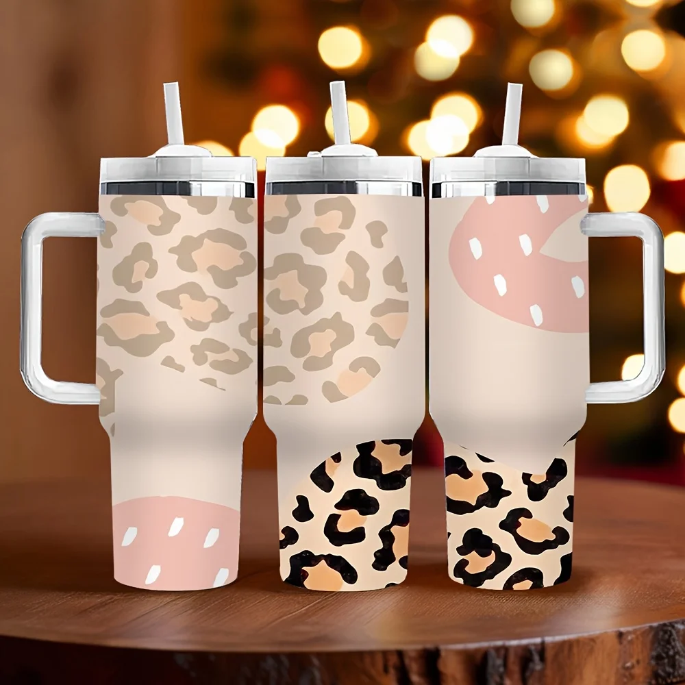 1ps Fashionable Spliced Leopard Print Pattern Daily Water Tumbler with Straw And Handle Designed for Outdoor Daily Use