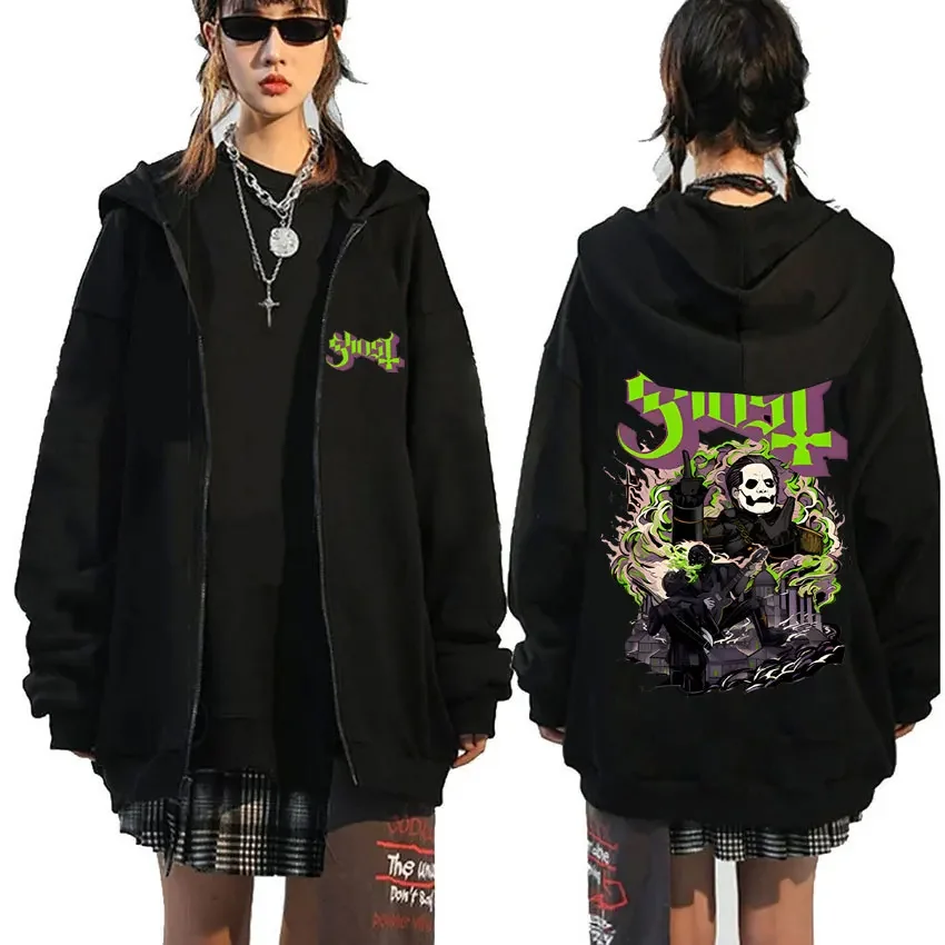 

Ghost Band Graphic Zipper Hoodie Men's Women's Hip Hop Vintage Zip Up Hooded Sweatshirts Gothic Fashion Rock Oversized Pullovers