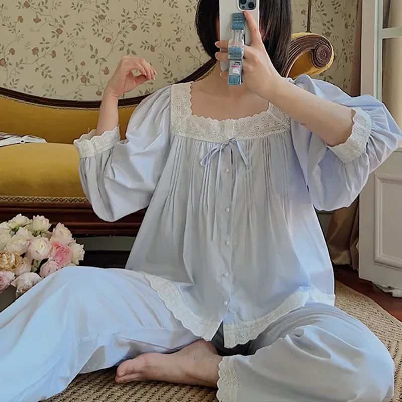 

Women 100% Cotton Full Sleeves Two-Pieces Pajamas Sweet Lace Square Collar Cardigan Sleeping Shirt Spring Long Pants Pyjama Sets