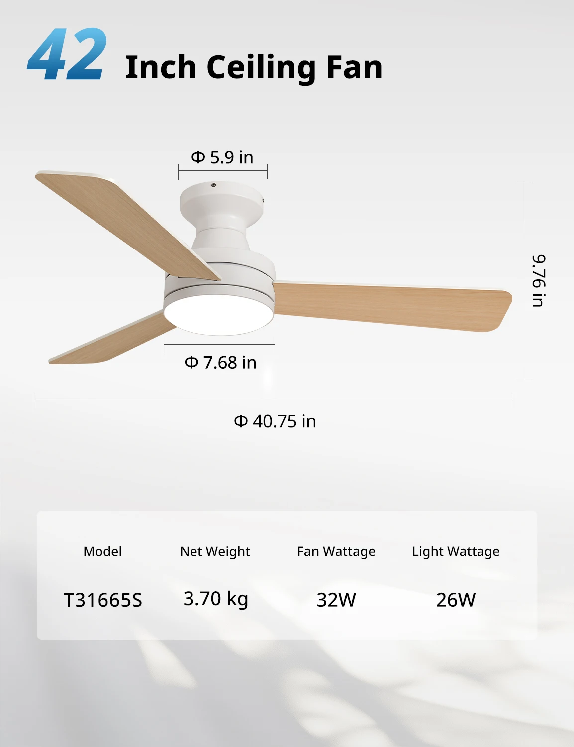 42-Inch Ceiling Fans with Lights, Low Profile, Flush Mount, Features RGB Backlight, Dimmable Lighting, 6 Speeds, 3 Reversible Blades, Remote and App Control, White