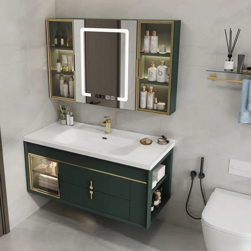 

Slate seamless integrated ceramic basin, oak bathroom cabinet combination, bathroom washstand