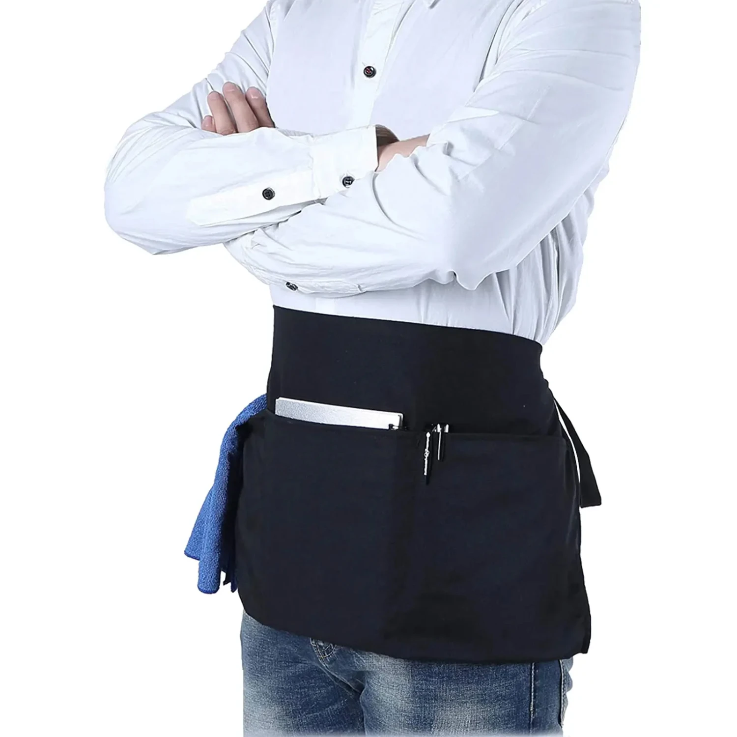 Upgrade your serving essentials with a chic and durable black waist apron. This stylish and versatile accessory features three c