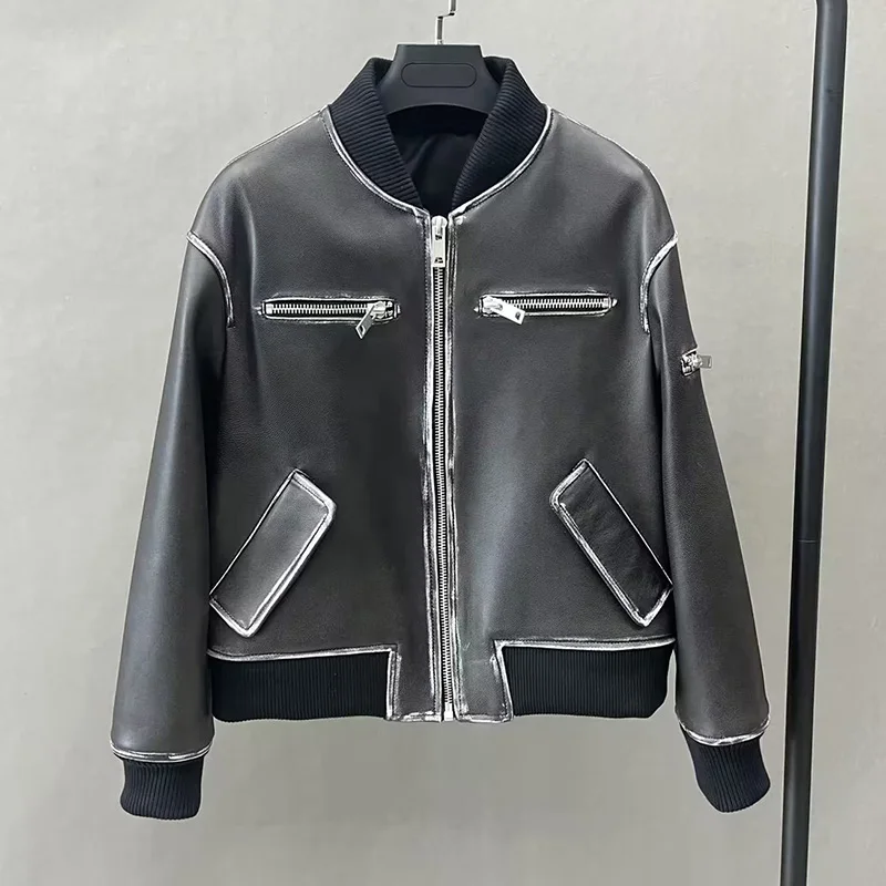 

2023 Real Leather Bomber Jacket Lady Fashion Streetwear Leather Jacket Distress Moto Biker Jacket Women Genuine Leather Coat QG5