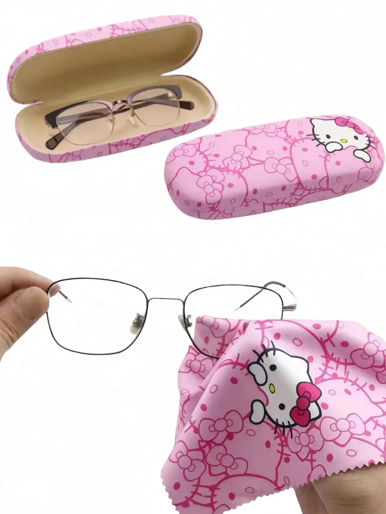 1/2/3 piezas Estuche para gafas y paño de Hello Kitty Diseño de cabeza de gato rosa Microfibra suave Se utiliza para limpiar y guardar gafas, teléfonos móviles