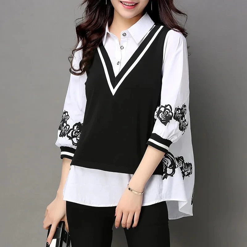 Korean Women Large Size Blouse Seven Points Sleeve Fake Two Pieces Shirt Tops Coat Female Fashion Pullover Tops Bottom Blouse