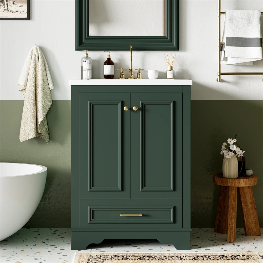 Mueble de lavabo de madera de 24 pulgadas de EE. UU., mueble de baño moderno, tocador con 2 puertas y 1 cajón, estante ajustable, mango de Metal