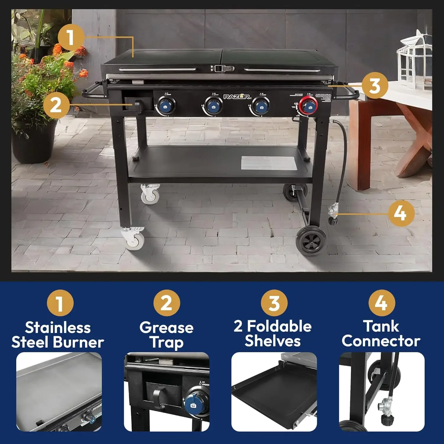 

37 Inch Outdoor Steel 4 Burner Propane Gas Grill Griddle with Wheels and Top Cover Lid Folding Shelves