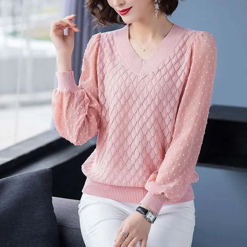 Elegant V-Neck Gauze Spliced Screw Thread Hollow Out Blouse Women Clothing 2022 Autumn New Casual Tops Loose Office Lady Shirt