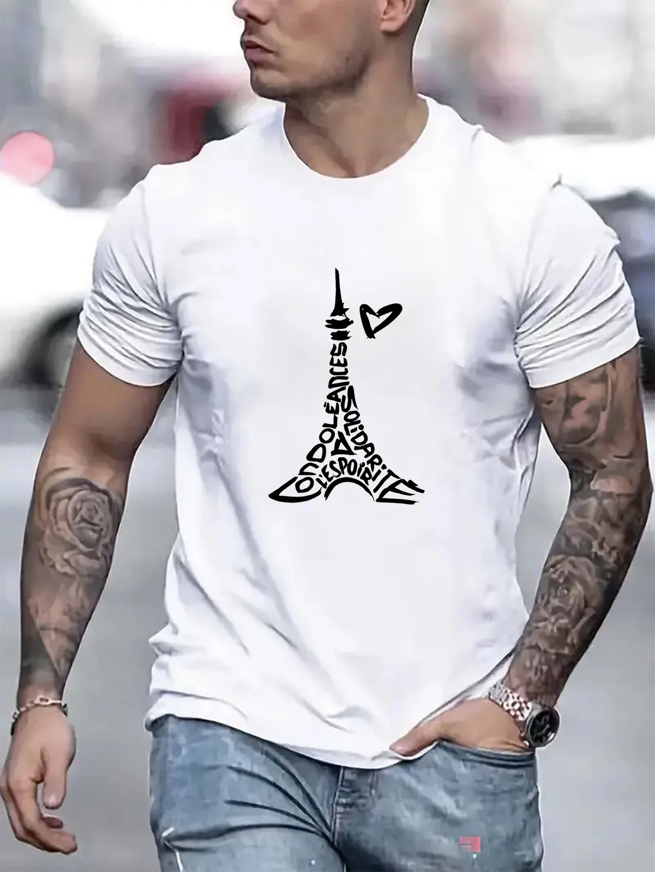 

Pure Cotton Printed Round Neck Short Sleeve T-Shirt Men'S Casual T-Shirt with Eiffel Tower Heart Design Regular Fit