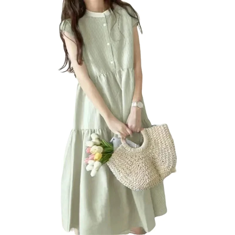 C726 Summer Sweet Neck Tie Sleeveless Striped Ruffle Edge Cake Skirt Dress Korean Style Doll Clothing