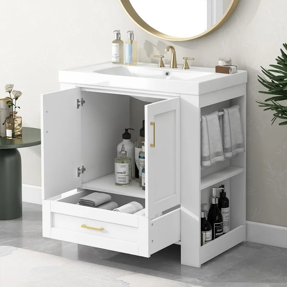 

30 Inch Bathroom Vanity with Sink, Freestanding Bath Vanity Wood Storage Cabinet with Drawer, Side Storage and Towel Bars