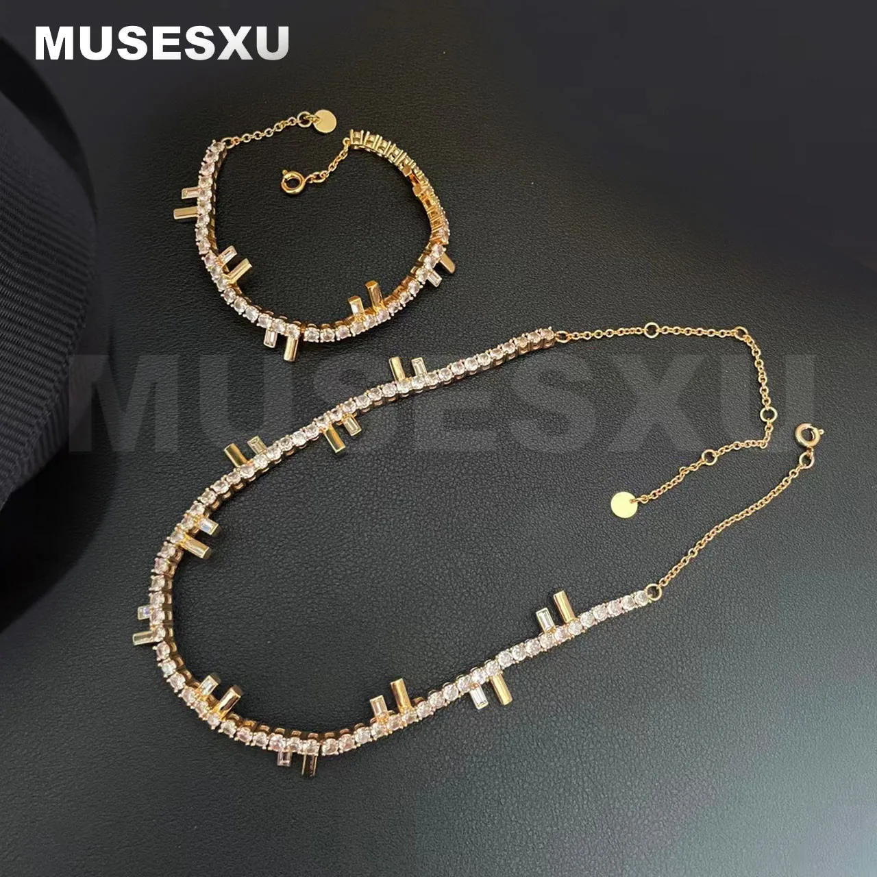 

Jewelry & Accessories Golden Inlaid Irregular Zircon Bracelet & Necklace Two Piece Jewelry Set For Woman's Gifts