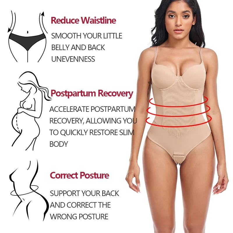 Built-in Bra Thongs Bodysuit Women Shapewear Tummy Control Body Shaper with 4 Bones Slimming Underwear Mesh Corset Sexy faja