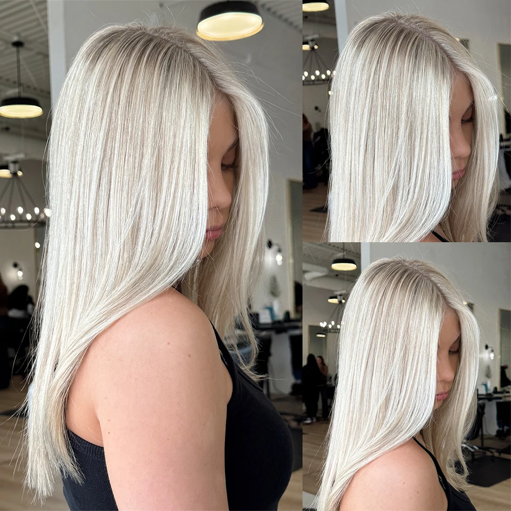 

Ash Platinum Blonde Straight Synthetic Wig Rooted Balayage HD Lace Front Wig 13x4 Swiss Lace Long Bob Wig for Girls Easy to Wear