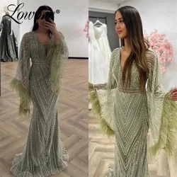 Champagne Green Formal Dubai Arabic Evening Dresses V Neck Feathers Beaded Long Sleeves Prom Dress Plus Size Party Gowns Custom