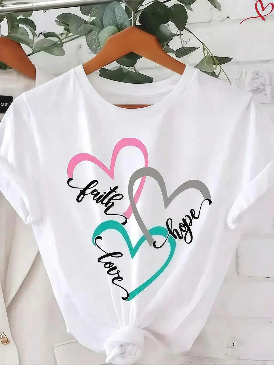 Unisex 100% Cotton Graphic T‑Shirt, White Crew Neck Heart Faith Hope Print Lightweight Knit Fabric Aesthetic Versatile Casual Daily Tops Multi‑Colors