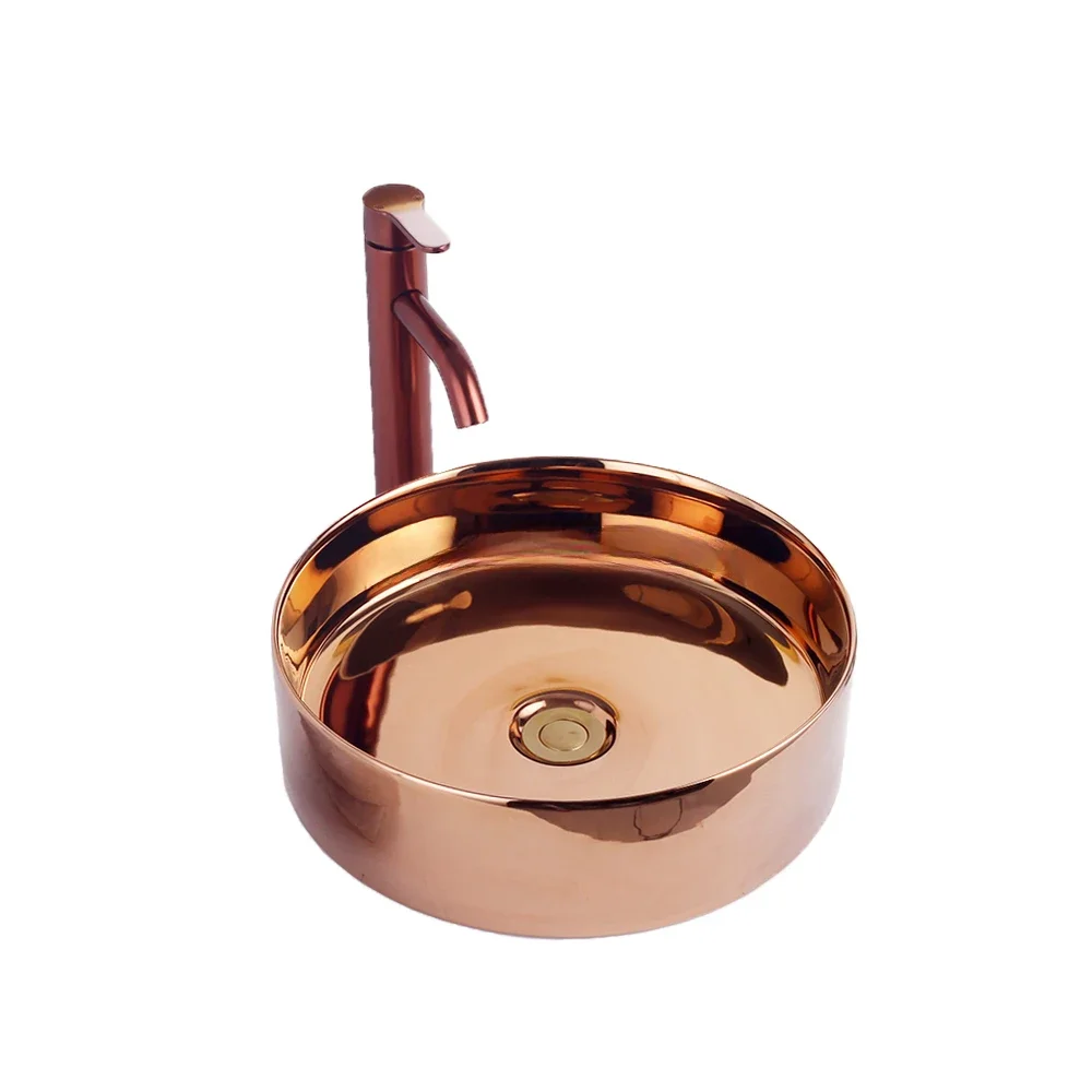 YYHC-Wholesale rose gold electroplated round counter top basin ceramic gold wash basin sinks for vanity