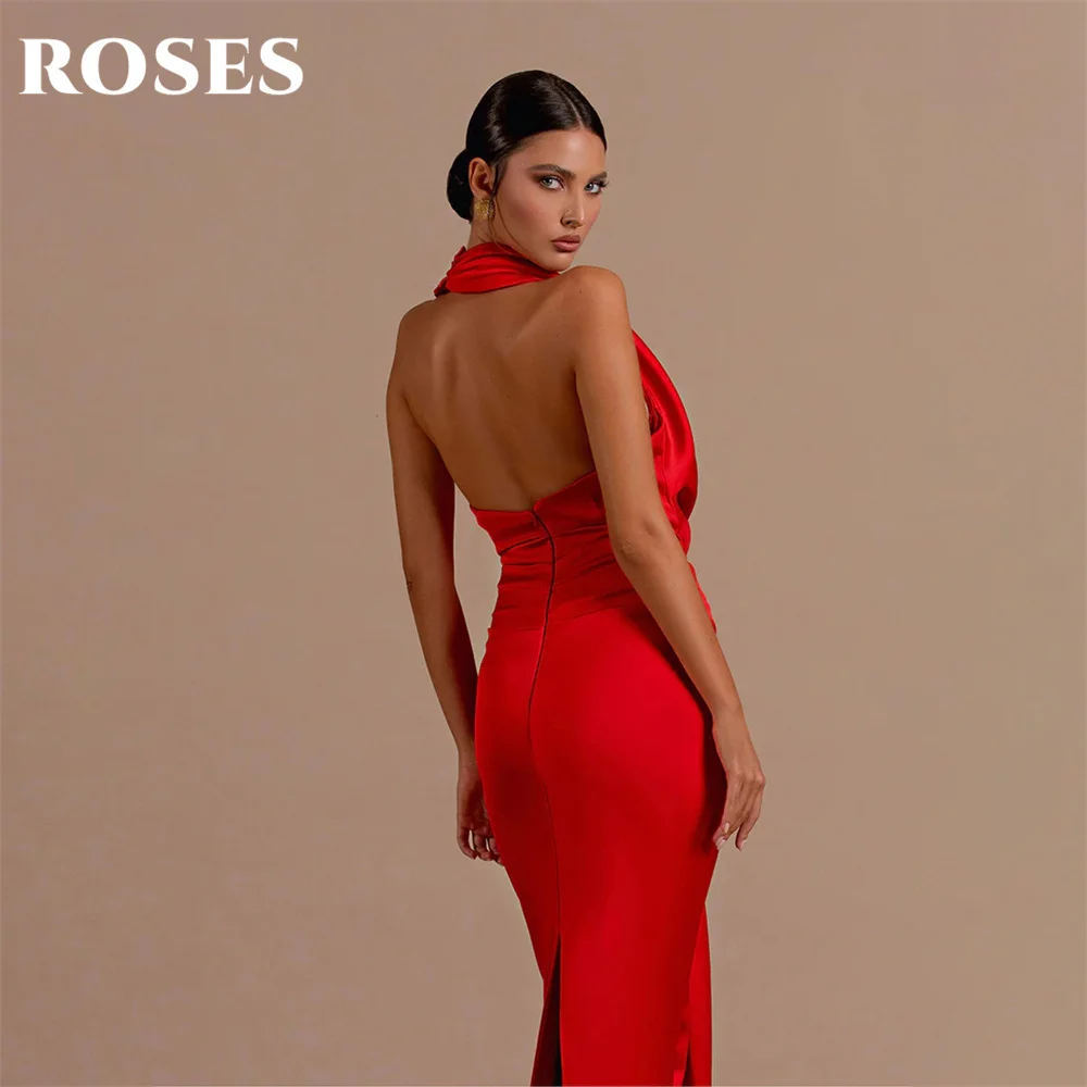 ROSES Halter Red Evening Dresses Backless Stain Prom Dresses Pleat Sleeveless Mermaid Party Dress Floor Length فساتين الحفلات