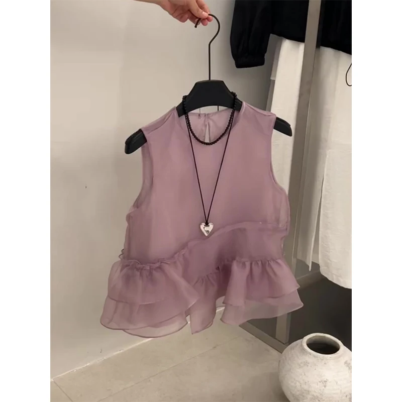 

New 2025 Purple Ice Cool Feeling Svel Vest Gentle Pure Color Design Slimming Small Size Women's Faion Commute Sle