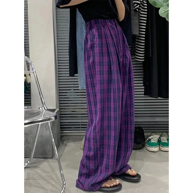 MEXZT Vintage Plaid Wide Leg Pants Women High Waist Straight Casual Trousers Harajuku Korean Fashion Loose All Match Full Length