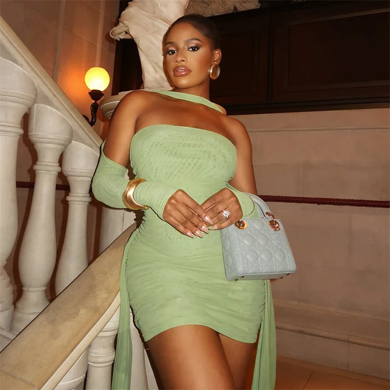 Doyerl – Mini robe moulante en maille transparente pour femmes, tenue d'anniversaire, Sexy, boîte de nuit, Slim, sans bretelles, ruban, robes courtes de fête avec manches